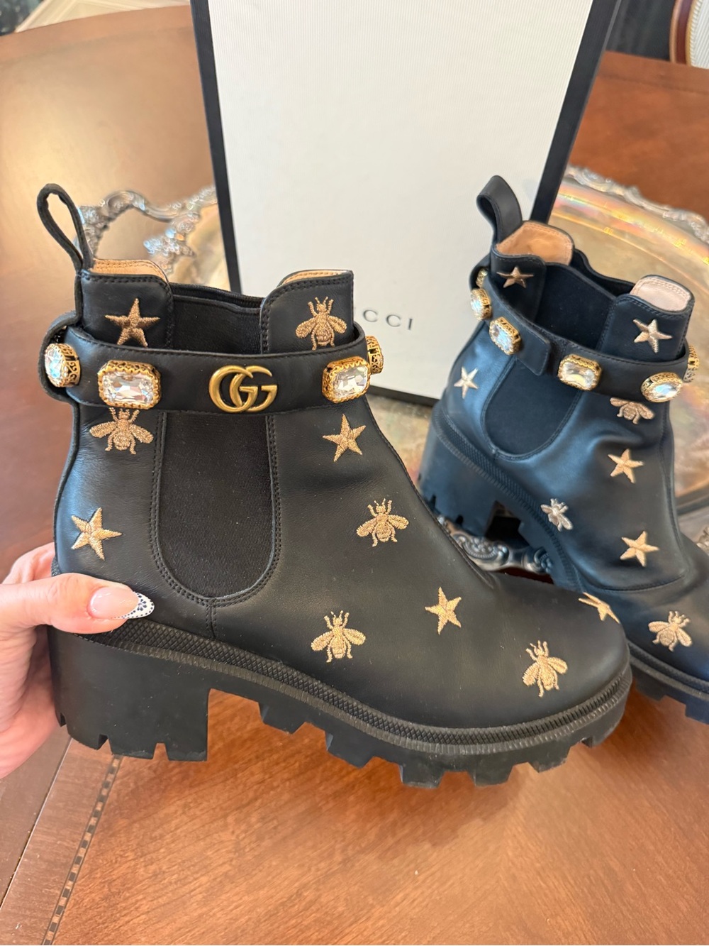 Gucci Black Woman’s Bee & Star Embroidered Chelsea Boots with Jeweled Strap - Picture 3 of 9